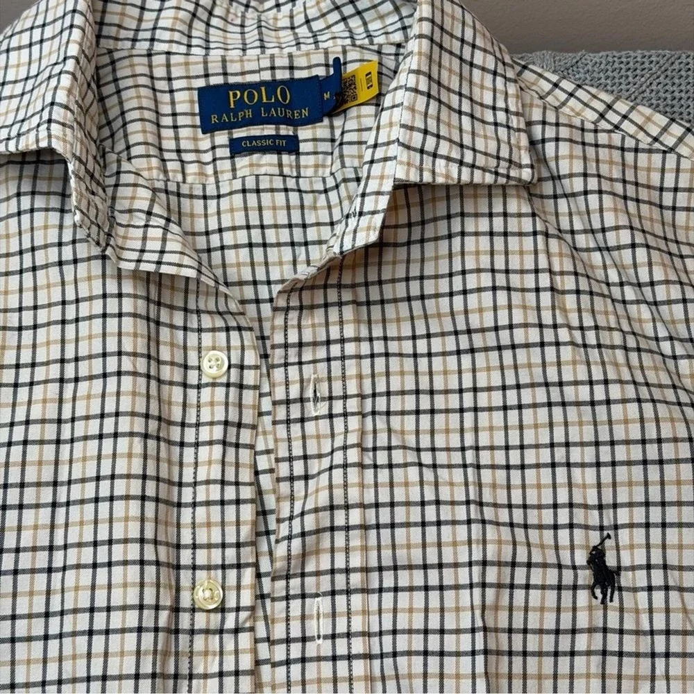 Polo Ralph Lauren‎ Button Down Mens M Tan Check Classic Fit Long Sleeve Logo